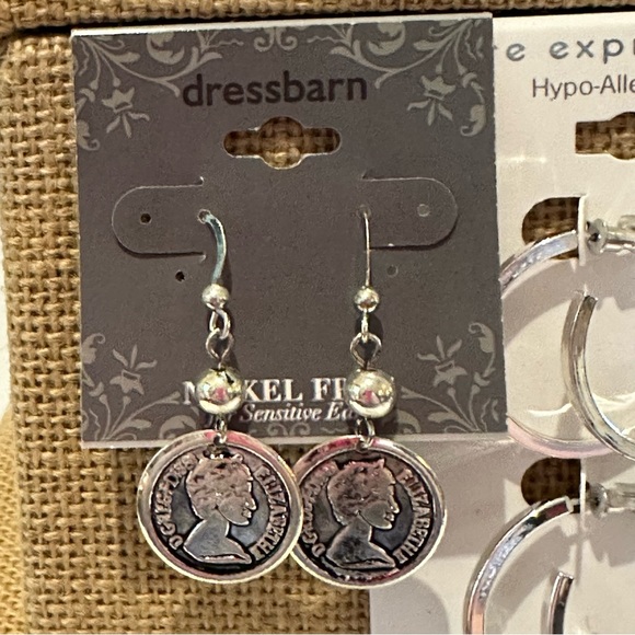 NWT 2 packs -4 total pairs of silver tone earrings. Dress Barn coins; 3 pr hoops - Picture 4 of 11